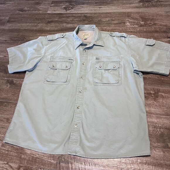 Cabelas Safari Series Button Up Shirt Mens XL Green Shoulder Strap Pocket - Picture 2 of 10